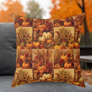 Autumn Fall Harvest Spun Polyester Square Pillow Accent Pillow Farmhouse Decor Mom Gift for Her Double Sided Print on Case Fall Pumpkins