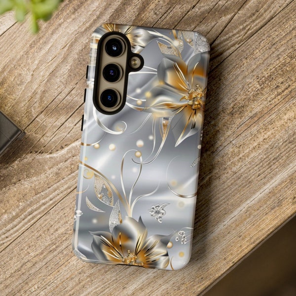 White and Gold Floral Bridal Style Cell Phone Case Accessories for iPhone, Samsung Galaxy, Google Pixel Gift For Her Bridal Gift 3D Effect