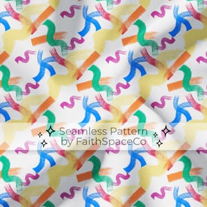 Può includere: Un tessuto bianco con un motivo astratto ripetitivo di pennellate in giallo, arancione, verde, blu e magenta. Il design include linee ondulate e barre dritte. Il testo sovrapposto recita: Seamless Pattern by FaithSpaceCo.