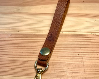 Bison Leather Keychain Wristlet, Wrist Strap, Leather Keychain, Button Snap, Handsfree Carry, Brass Hardware