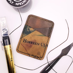 Cartera Horween de piel de cordero color coñac con conchas, "the Solo", tarjetero, billetera pequeña