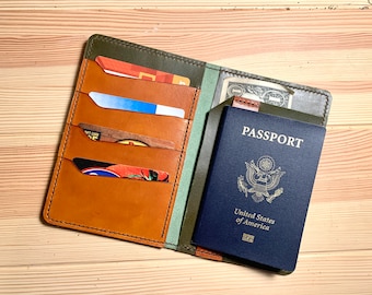 Passport Wallet "First Class" Two-toned Olive Green and Brown, Wallet, Travel Wallet, Passport Holder, Cash Pocket, Passport Sleeve