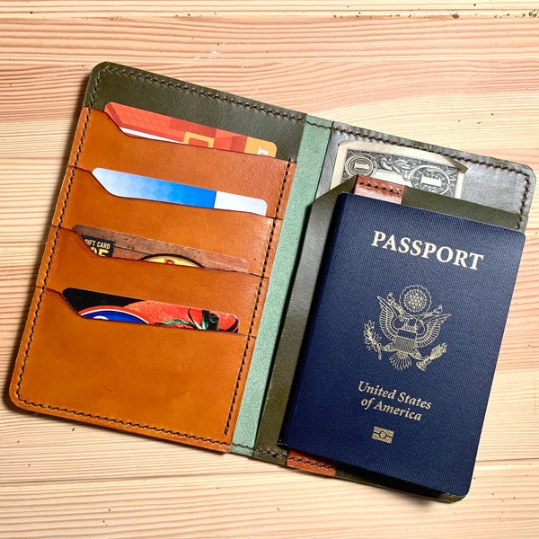 Passport Wallet "First Class" Two-toned Olive Green and Brown, Wallet, Travel Wallet, Passport Holder, Cash Pocket, Passport Sleeve