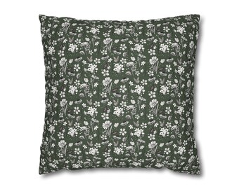 Cottagecore Green Floral Pillow Cover | Floral Print Pillow | Cream Flowers Pillow | Floral pattern Pillowcase | Square Pillowcase