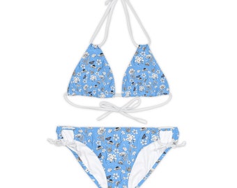 Floral Bikini | Bachelorette Trip Swimsuits | Blue and White floral Bikini | Floral print bikini | Strappy Bikini Set (AOP)