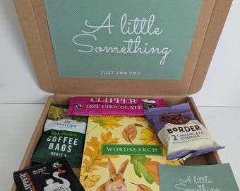 May include: A cardboard gift box containing a wordsearch book with a rabbit and autumn leaves, a packet of Clipper hot chocolate, Taylors of Harrogate coffee bags, a Clipper tea bag, and Border chocolate cookies, with a green insert reading A little Something.