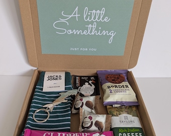 Men's Gift Box: Socks, Shark Bottle Opener, Tea, Coffee, Chocolates and Biscuits.
