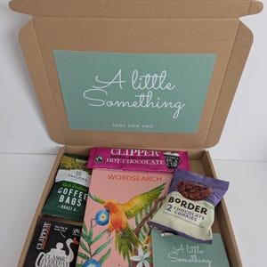 May include: A brown cardboard gift box containing a wordsearch book with a parrot illustration, a packet of Clipper hot chocolate, Taylors coffee bags, Clipper tea, Border chocolate cookies, and a card with the text A little Something.