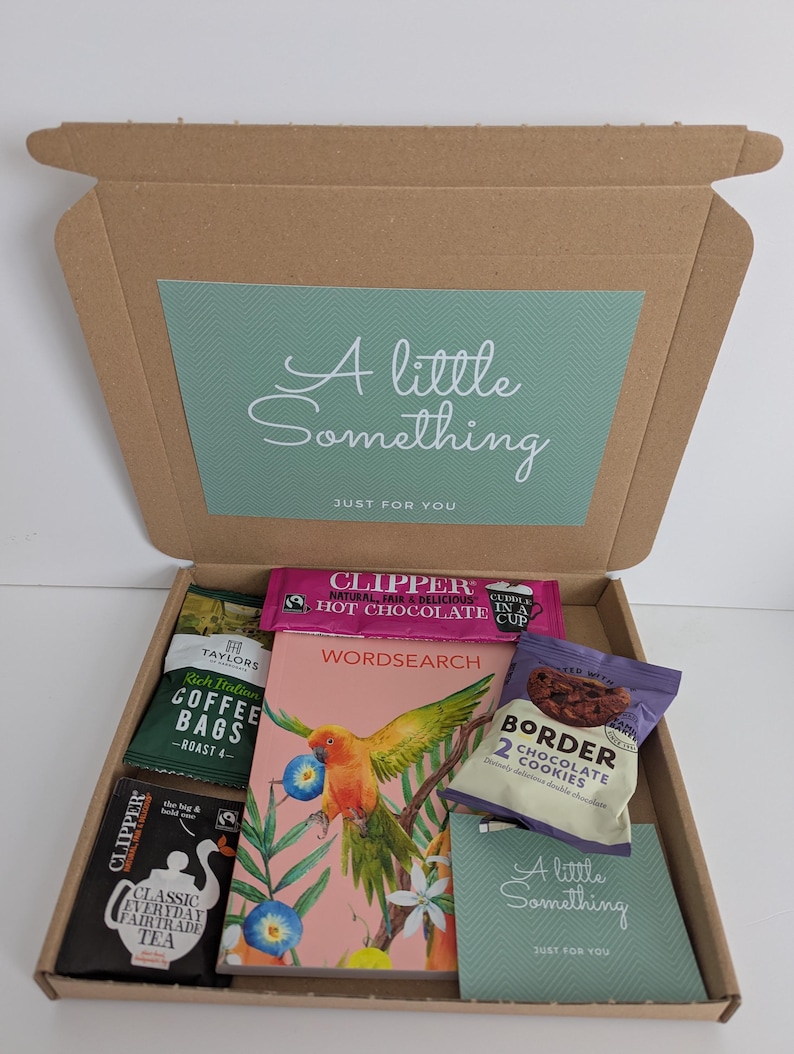 May include: A brown cardboard gift box containing a wordsearch book with a parrot illustration, a packet of Clipper hot chocolate, Taylors coffee bags, Clipper tea, Border chocolate cookies, and a card with the text A little Something.