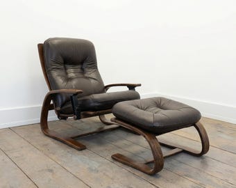 Vintage Scandinavian Lounge Chair With Leg Rest By Arnt Lande For Westnofa / Leather Lounge Chair With Ottoman / Lounge Armchair