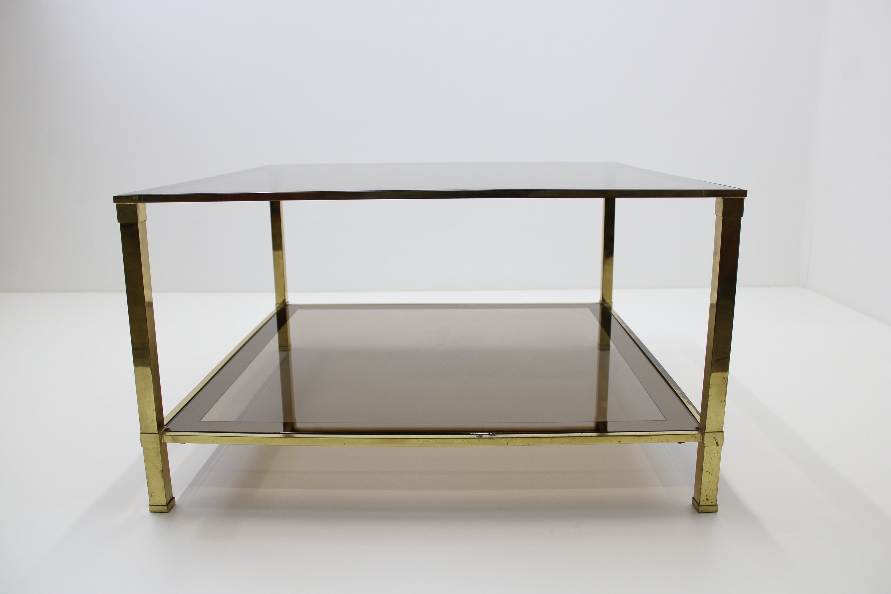 Table Basse Vintage Hollywood Regency - Laiton Et Verre Irisé, Années 70, 117x57x40 Cm