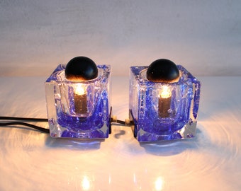 Set van 2 vintage Murano tafellampen/kleine glazen lampen/handgemaakt door Italië/retro bedlampje/70s nachtlampen/blauw glas/MCM tafellampen/Murano