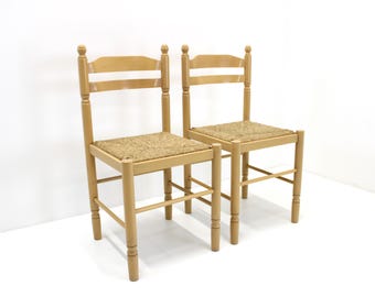 Coppia di sedie da pranzo in legno vintage / sedie con legno e corda / stile Vico Magistretti / sedie da pranzo / sedie con sedili in corda