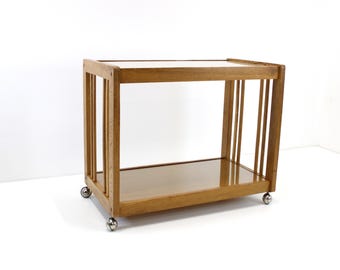 Mid Century Wooden Serving Trolley /  Bar Cart 70s / Console Table / Trolley Table With Chrome Castors / TV Or Radio Stand
