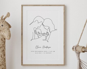 Newborn Baby Personalised Print | Baby Line Art Personalised Print | Gift For New Parents | Unframed - Print Only