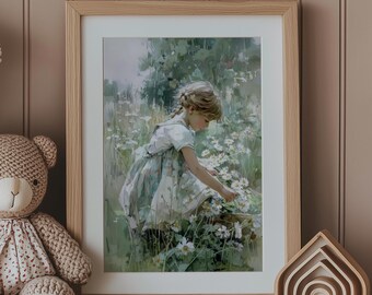 Vintage Style Girl Picking Daisies Print - Cottage Garden Wall Art | Unframed - Print Only