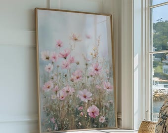 Soft Pink Floral Wall Art – Cottage Wildflower Print | Unframed - Print Only