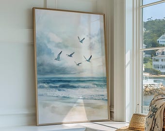Beautiful Blue Ocean Beach Print | Watercolour Beach Poster | Ocean Waves Wall Art | Beach Poster | Coastal Art | Unframed - Print Only