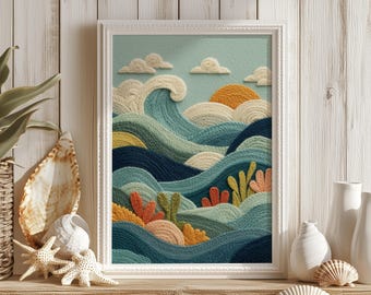 Textured Coastal Wave Wall Art – Ocean Fibre Style Print | Unframed - Print Only