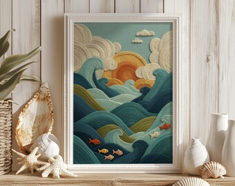 Textured Ocean Wave Wall Art – Blue Coastal Fibre Style Print | Unframed - Print Only