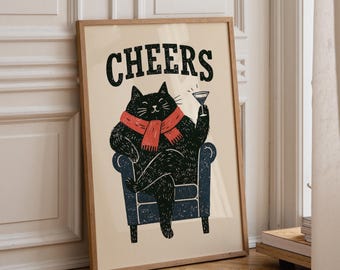 Cheers Cat Print – Funny Black Cat Wall Art | Unframed - Print Only