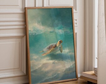 May include: A framed art print depicting a sea turtle in turquoise water. The turtle has a light brown shell and is surrounded by light rays. The artwork is in a wooden frame and leans against a white wall.