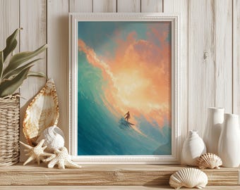 Sunset Surfer Wall Art Print – Modern Coastal Ocean Surf Poster | Unframed - Print Only