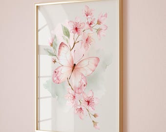 Pink Butterfly Wall Art Print – Cherry Blossom Floral Decor | Unframed - Print Only