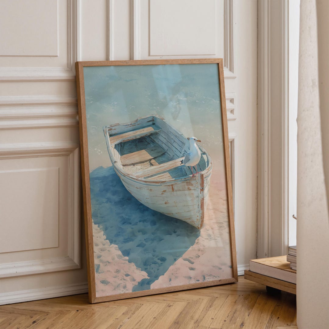 Pastel Coastal Boat Wall Art Print – Rustic Beach Decor With Seagull ...
