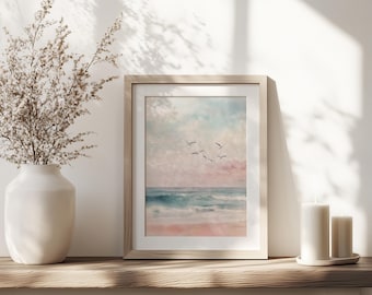 Sunset Beach Ocean Print | Watercolour Sunset Beach Poster | Ocean Waves Wall Art | Sea Poster | Ocean Art | Unframed - Print Only