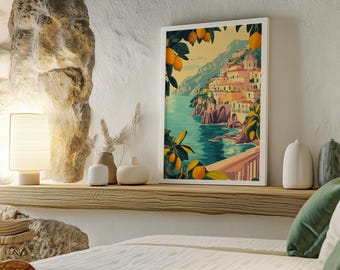 May include: A framed art print depicting a coastal Italian town with colorful buildings, a turquoise sea, and lemon trees. The artwork is displayed on a wooden shelf with decorative vases and a lamp.