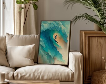 May include: A framed art print depicts a surfer riding a large ocean wave. The wave is rendered in shades of blue and teal, with a light tan background. The surfer is a dark silhouette. The artwork is displayed on a beige sofa.