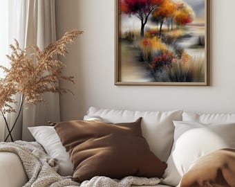 Impression dorée de jardin d'automne | Paysage d'arbres d'automne dynamique | Art mural nature d'automne | Décoration d'intérieur rustique | Sans cadre - Impression uniquement