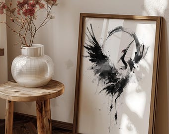 Monochromatyczny, akwarelowy wydruk z ptakiem, minimalistyczna sztuka ścienna inspirowana stylem japońskim, żuraw atramentowy z nadrukiem księżyca | Bez ramy – tylko wydruk