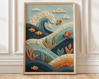 Textured Ocean Wave Wall Art – Under The Sea Fibre Style Print | Unframed - Print Only