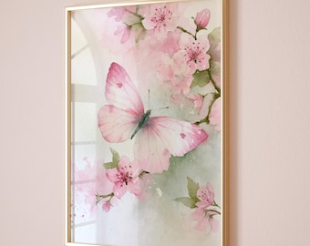 Floral Butterfly Print – Soft Pink Blossom Wall Art | Unframed - Print Only