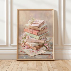 Pastellfärgad stapel böcker med blommor Konsttryck – Mjuk väggkonst i lantlig stil | Oramad - Endast tryck