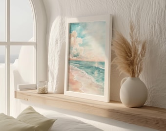 Ocean Sunset Beach Print | Watercolour Beach Sunset Poster | Ocean Waves Wall Art | Beach Poster | Coastal Art | Unframed - Print Only