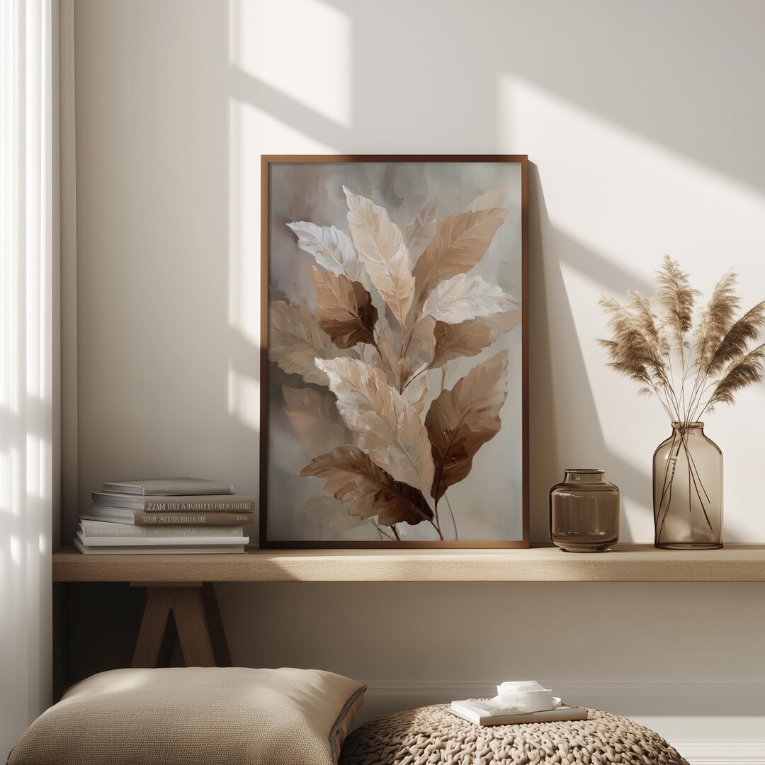 Neutral Botanical Leaf Art Print – Beige, Grey & Cream Floral Wall ...