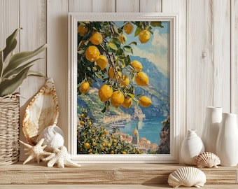 May include: A framed painting depicts a coastal Italian scene with a lemon tree in the foreground. The painting features bright yellow lemons hanging from green branches, with a blue sea and mountains in the background. The frame is white.