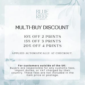 The image is a promotional flyer for a multi-buy discount offered by Blue Reef Prints. It provides details on how the discount works, stating that customers are responsible for any customs fees, import duties, or VAT charged by their country, and that these fees are not included in the item price or postage.