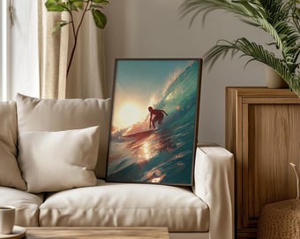 Sunset Surfer Wall Art Print – Modern Coastal Ocean Surf Poster | Unframed - Print Only