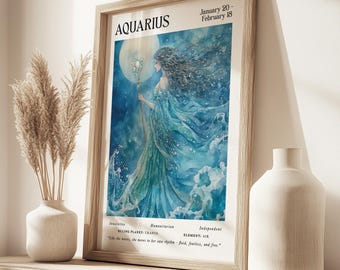 Aquarius Water Goddess Wall Print | Aquarius Zodiac Print | Aquarius Water Bearer Print | Aquarius Horoscope Art | Unframed - Print Only