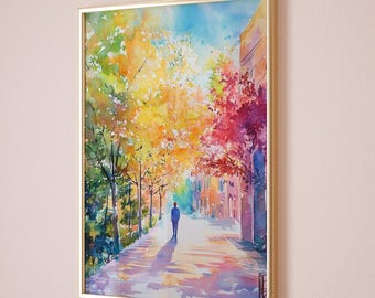 Autumn Stroll Print | Watercolour City Art | Fall Trees Painting | Vibrant Urban Wall Print | Unframed - Print Only