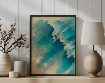 Surf Wall Art Print | Ocean Wave Surfing Silhouette Print | Coastal Beach Decor | Catching Waves Print | Unframed - Print Only