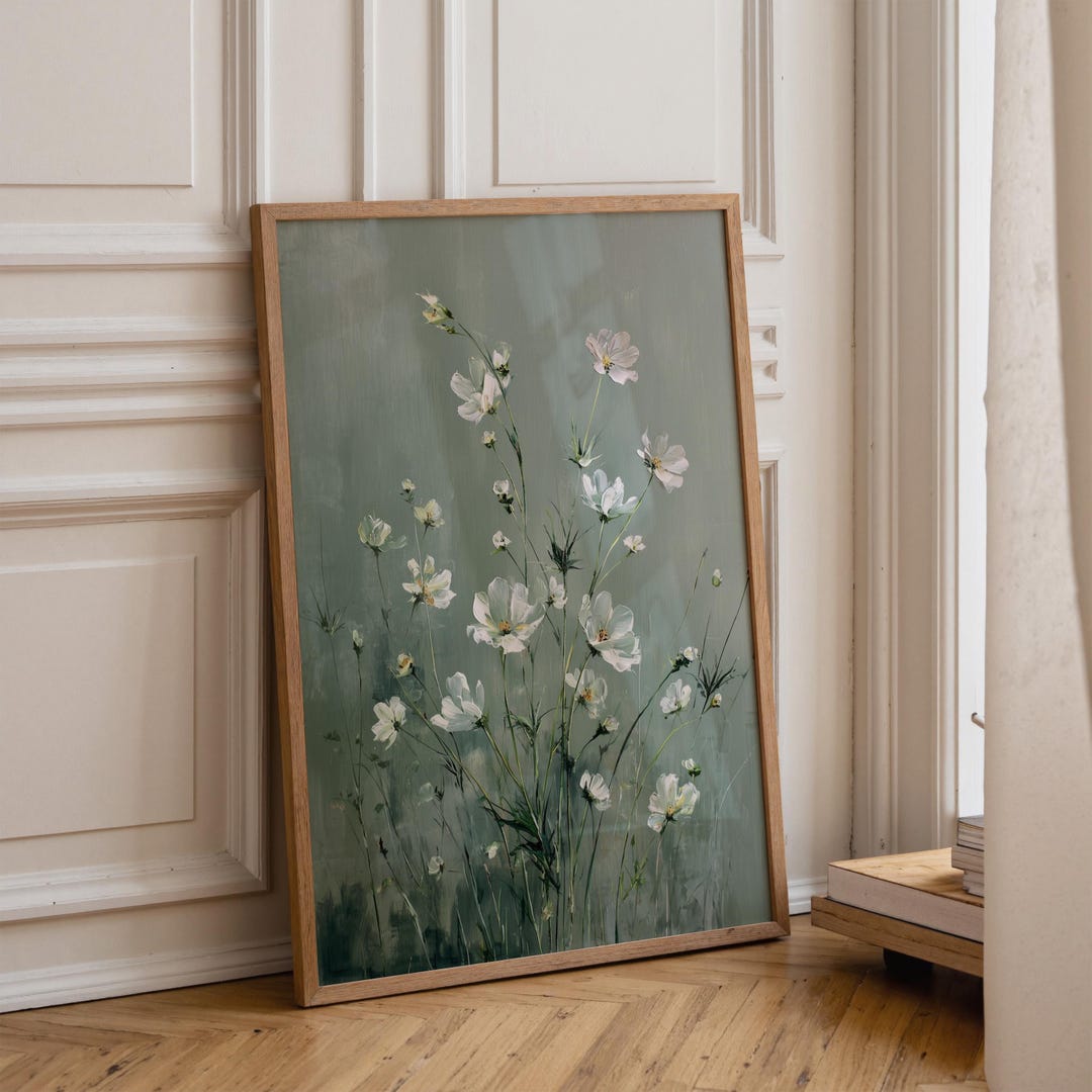White Wildflower Botanical Art Print – Green Floral Wall Art | Unframed ...