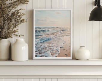 Golden Shoreline Beach Print | Watercolour Sunlit Beach Print | Nautical Poster | Coastal Waves Art Print | Unframed - Print Only