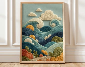 Textured Ocean Wave Wall Art – Coastal Fibre Style Print | Unframed - Print Only