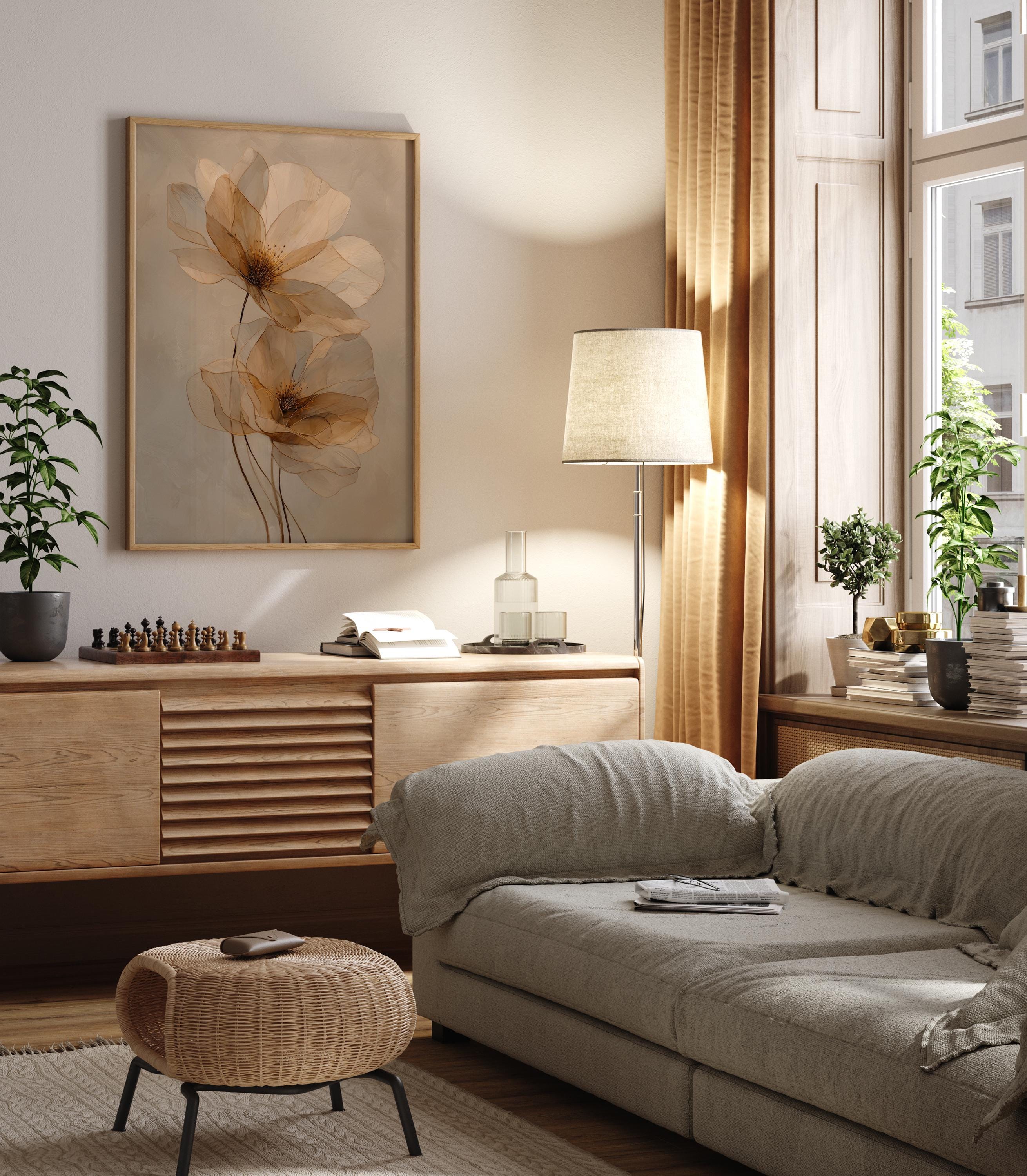 Neutral Floral Wall Art – Beige Flower Botanical Print | Unframed ...