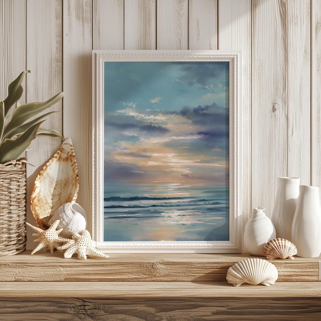 Watercolour Ocean Sunset Wall Art Print – Soft Coastal Blue Beach Decor ...